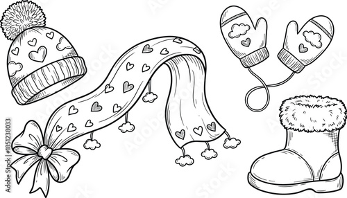 Winter accessories, line drawing, knit hat, scarf, mittens, boot, heart cloud pattern, playful design, black and white, flat vector illustration
