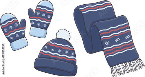 Winter accessories, dark blue mittens, beanie hat, scarf, snowflake design, cold weather gear, cozy outfit, festive style, flat vector illustration