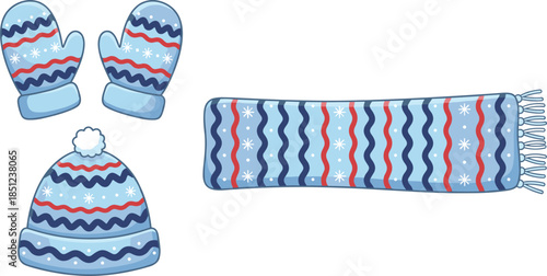 Winter accessories, mittens, beanie hat, scarf, snowflake pattern, seasonal clothing, cold weather gear, cozy outfit, festive style, flat vector illustration