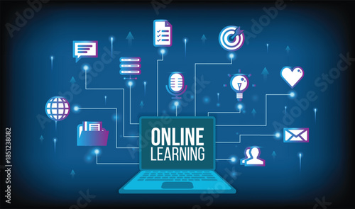 Online learning platform with digital icons and laptop