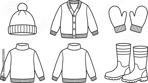 Winter clothing, line drawing, knit hat, cardigan sweater, turtleneck, mittens, boots, cold weather gear, black and white, flat vector illustration