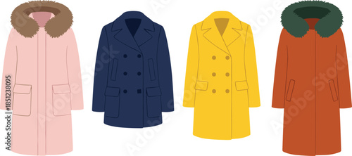 Winter coats, fashion outerwear, seasonal jackets, stylish clothing, fur hood, double-breasted design, warm apparel, trendy colors, flat vector illustration