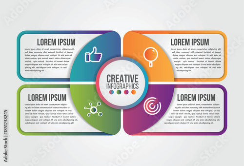 Infographic template with four sections and central creative concept