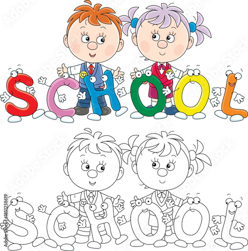 Little schoolboy, schoolgirl and funny cartoony letters in the word school, color and black-and white vector cartoon illustrations