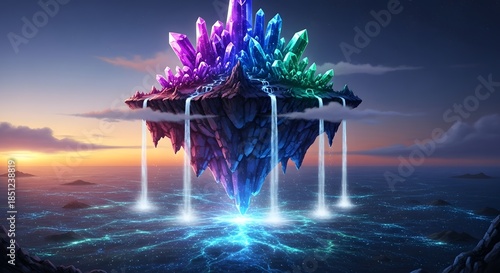 Fantasy floating island with vibrant crystals and glowing waterfalls at sunset