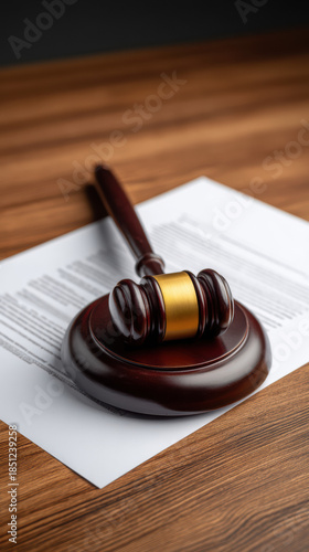 A dark wooden gavel with a brass band rests atop a legal document on a shiny wood surface, symbolizing justice and the authority of the legal system now.