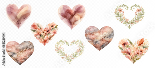 Watercolor heart set with floral wreath, bouquet and textured romantic hearts, soft pastel love symbols collection for wedding, valentine and feminine decorative designs. Vector illustration.