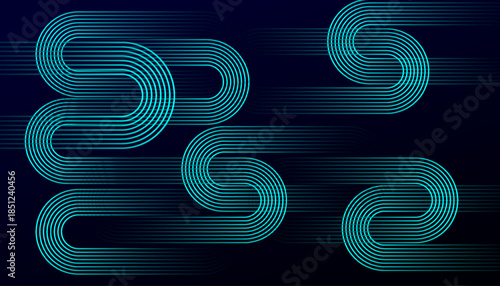 Abstract Neon Line Art Background with Modern Circular Wave Design. Futuristic Teal Glow Line Pattern on Dark Minimal Background.