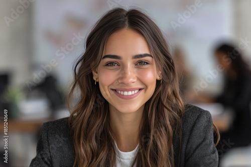 Wallpaper Mural Young woman smiling brightly in a modern office setting during the day with colleagues working in the background Torontodigital.ca
