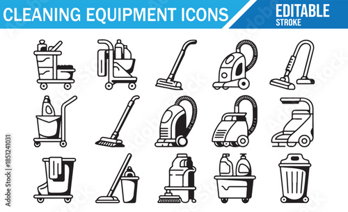 Domestic Housework and Cleaning Supplies Icons: Various Tools