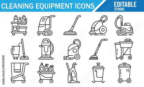 Professional Cleaning Service Equipment Icon Pack Vector Line Art