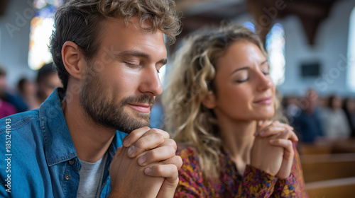 Prayer group in church together, young man and woman in Christian faith, believing in Jesus Christ, worship and spiritual peace, with copy space
