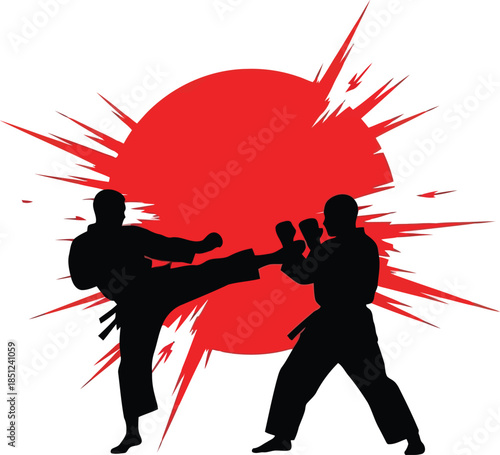 Dynamic silhouette of two martial artists in combat with a dramatic red explosion background