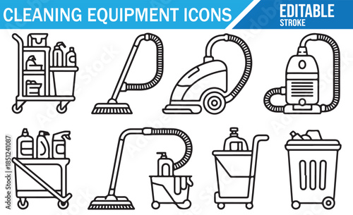 Set of Cleaning Tool Line Icons: Vacuum Cleaner, Mop, Bucket, Detergent