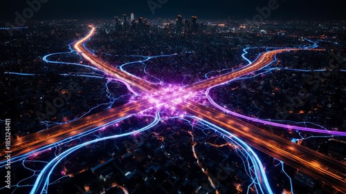 Wallpaper Mural Futuristic city traffic network with glowing light trails aerial night view Torontodigital.ca