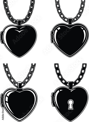 Heart locket necklace icons with chain and keyhole in black silhouette