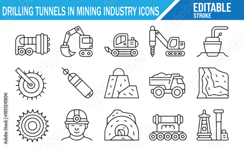 Heavy Machinery for Mining and Tunnel Construction Outline Icons