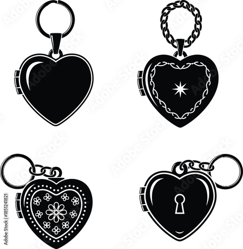 Heart padlock keychain icons with decorative details in black silhouette