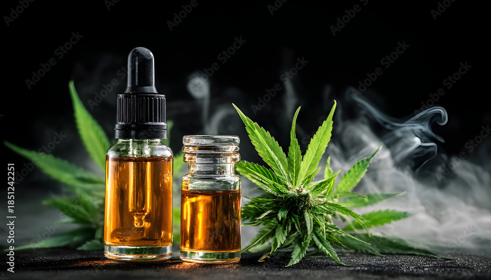 Fototapeta premium Cannabis oil in glass bottles with dropper and vape cartridge. Green hemp leaves with mist on black backdrop. CBD or THC liquid for vaping and smoking