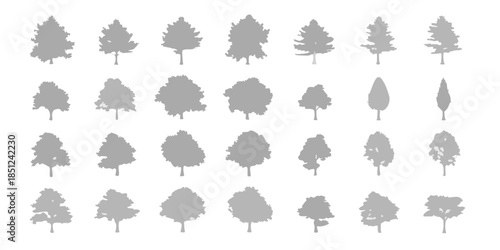 A collection of grayscale tree silhouettes arranged in a grid pattern