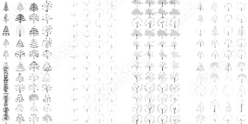 Collection of various sketched tree shapes and botanical line art illustrations