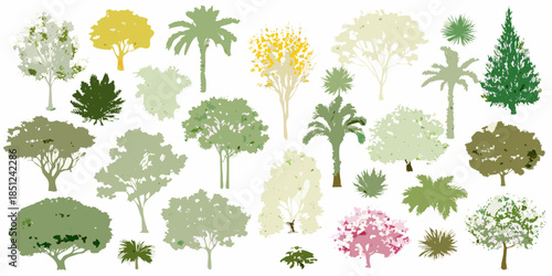 A colorful collection of diverse tree silhouettes and foliage designs