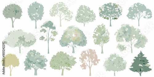 A collection of stylized trees in various shapes and muted color palettes