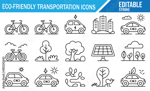 Environmentally Friendly Commute and City Life Icons: Cars, Bikes, Trees