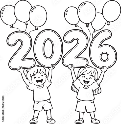 new year 2025 children celebration balloons line art on white background