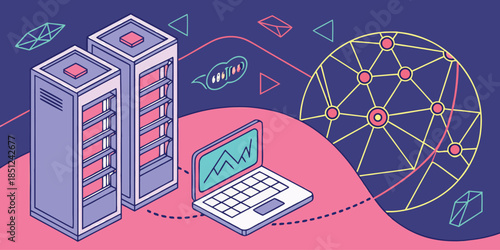 Cyber Big Data and Blockchain Technology Exploration – Interconnected Data Networks in Digital Landscape, AI Analytics, Fintech Security, Decentralized Systems Illustration