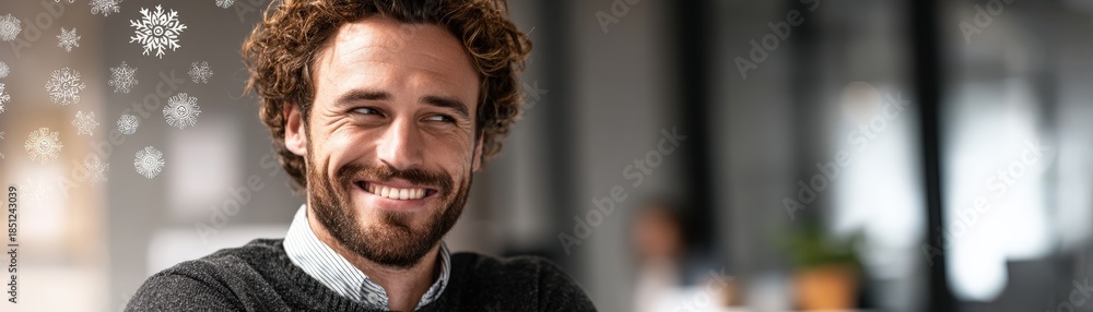 Fototapeta premium A smiling man with curly hair, a joyful expression, surrounded by a blurred indoor setting and snowflake graphics, Year-End team appreciation with blank space for text