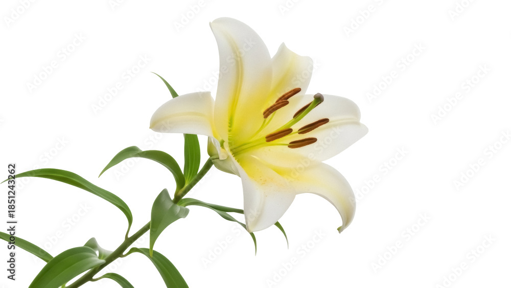 Obraz premium Elegant yellow lily isolated PNG on transparent background, beautiful flower with green leaves for design and decoration, floral element for spring projects