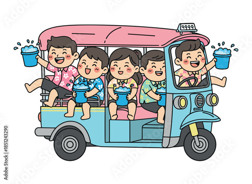 Cute cartoon people splashing water from blue Tuk Tuk car happily
