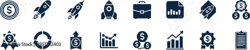 A collection of 16 blurry black and white business finance icons on a white background