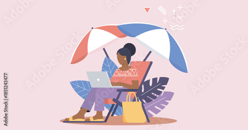 A person working on a laptop in a beach chair under umbrellas, representing remote work flexibility, digital nomad lifestyle, vacation atmosphere, work from anywhere culture, summer travel freedom, an