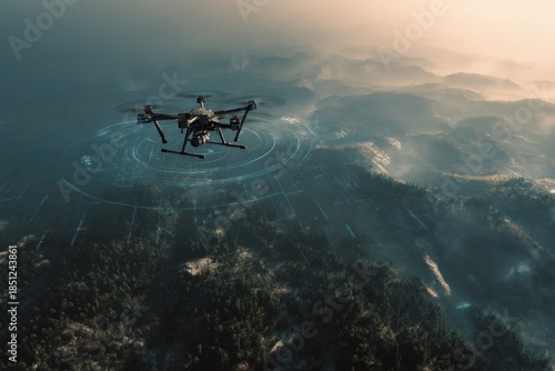 AI drone flies above a digital landscape showcasing Earths terrain and features during a serene evening or morning light
