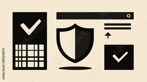 Cyber Security and Data Protection Concept with Shield, Checkmark, and Digital Interface Icons. Web Privacy Verification.