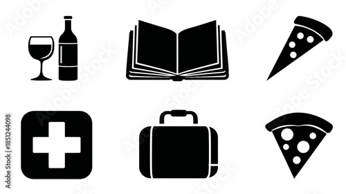 Diverse black silhouette icon collection depicting various lifestyle elements: wine, book, pizza, first aid, briefcase.