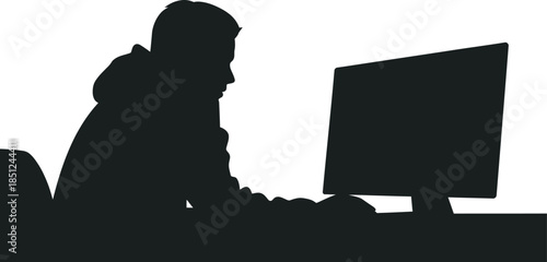 A digital nomad works remotely on a laptop and desktop computer silhouette on transparent background, high quality professional illustration with modern elegant style, clean crisp details, and vibrant