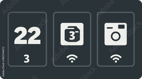 Minimalist digital interface with numeric data, document icon, smart device icon, and Wi-Fi connectivity symbols