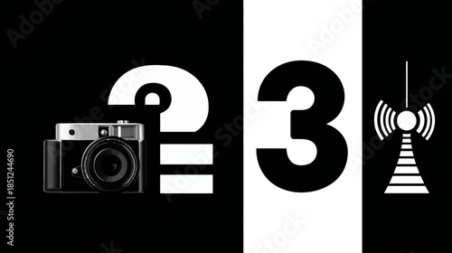 Abstract black and white graphic with question mark, vintage camera icon, number three, and radio tower symbol for communication concept.