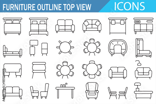 Furniture outline top view icon set for interior layout and floor plans