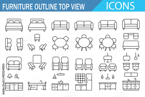 Furniture outline top view icon set featuring sofas, beds, tables, chairs, cabinets, and home interior layout symbols for floor plans, architecture, UI design, and real estate projects