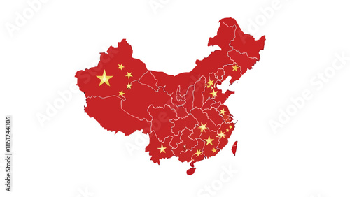 Detailed Map of China with Yellow Stars Marking Provinces or Cities, Representing National Flag on Isolated White Background
