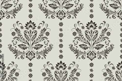 African boho paisley floral embroidery Ikat border pattern with ethnic Indian and Aztec influences. Seamless ethnic Ikat floral motifs featuring ornamental embroidery details, inspired by traditional 