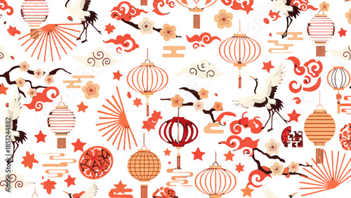 Seamless Pattern of Festive Chinese New Year Elements Including Lanterns, Cranes, and Plum Blossoms