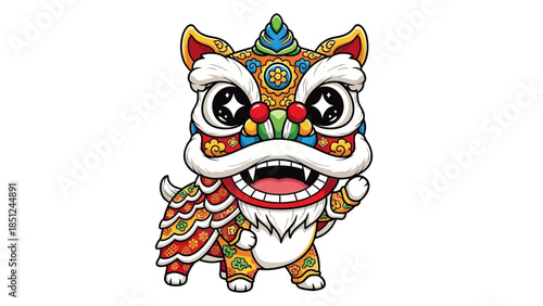 Adorable cartoon lion dance character in a festive costume, standing cheerfully on an isolated white background, perfect for Chinese New Year celebrations.