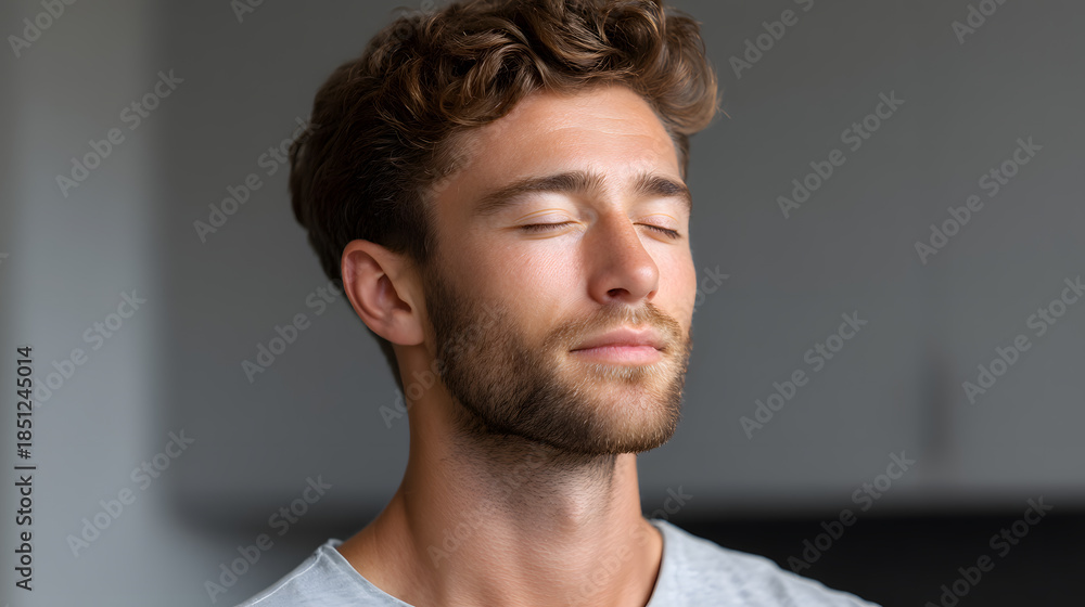 Fototapeta premium Peaceful Reflection: A man with closed eyes, radiating a sense of tranquility, serenity, and inward focus, representing calm and mindfulness.
