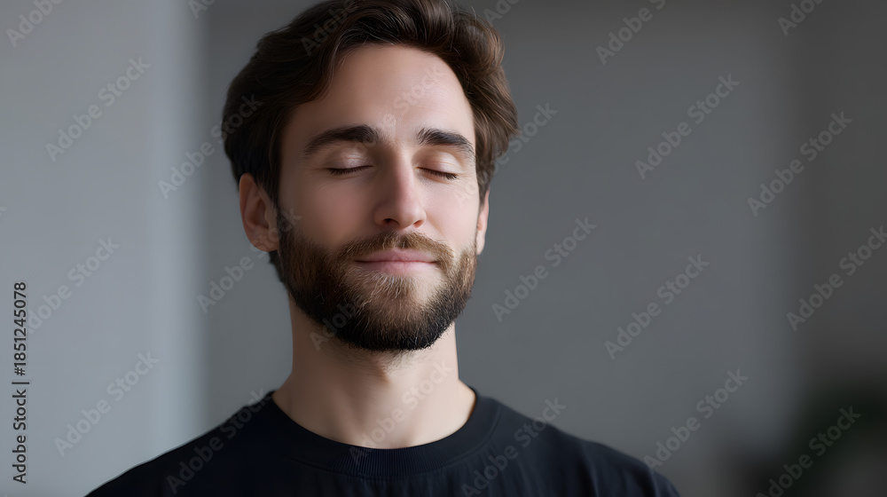 Fototapeta premium Serene Contemplation: A portrait of tranquility as a man closes his eyes in a moment of peace and self-reflection. His gentle smile and closed eyes speaks of inner peace and serenity.