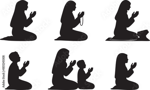 Set of Islamic Ramadan Prayer and Dua Silhouettes featuring Muslim Women and Children in Supplication, Reading Quran, and Spiritual Worship for Eid Greetings, Religious Posters